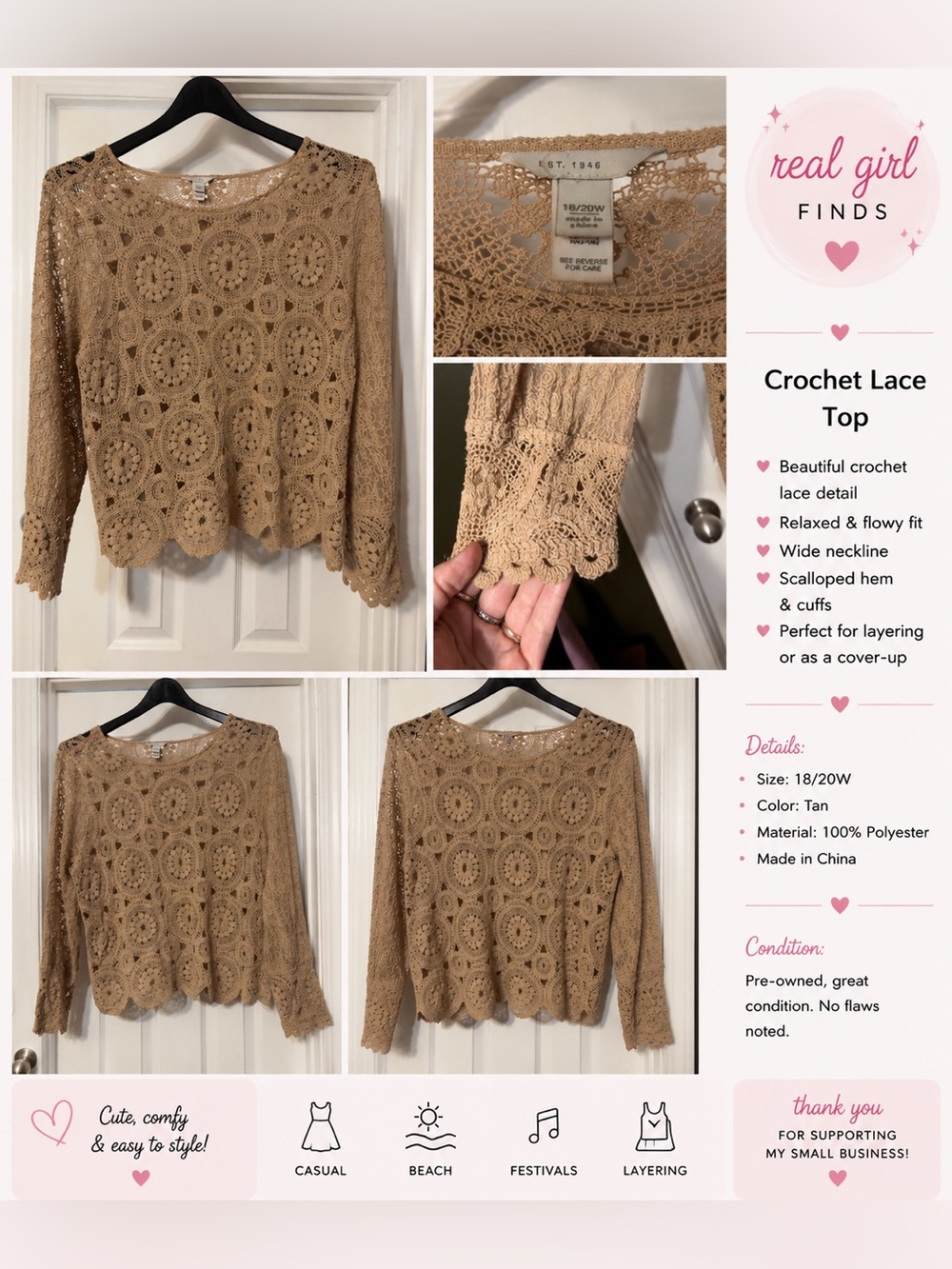 Cato Crochet Lace Scoop-Neck Top - Tan